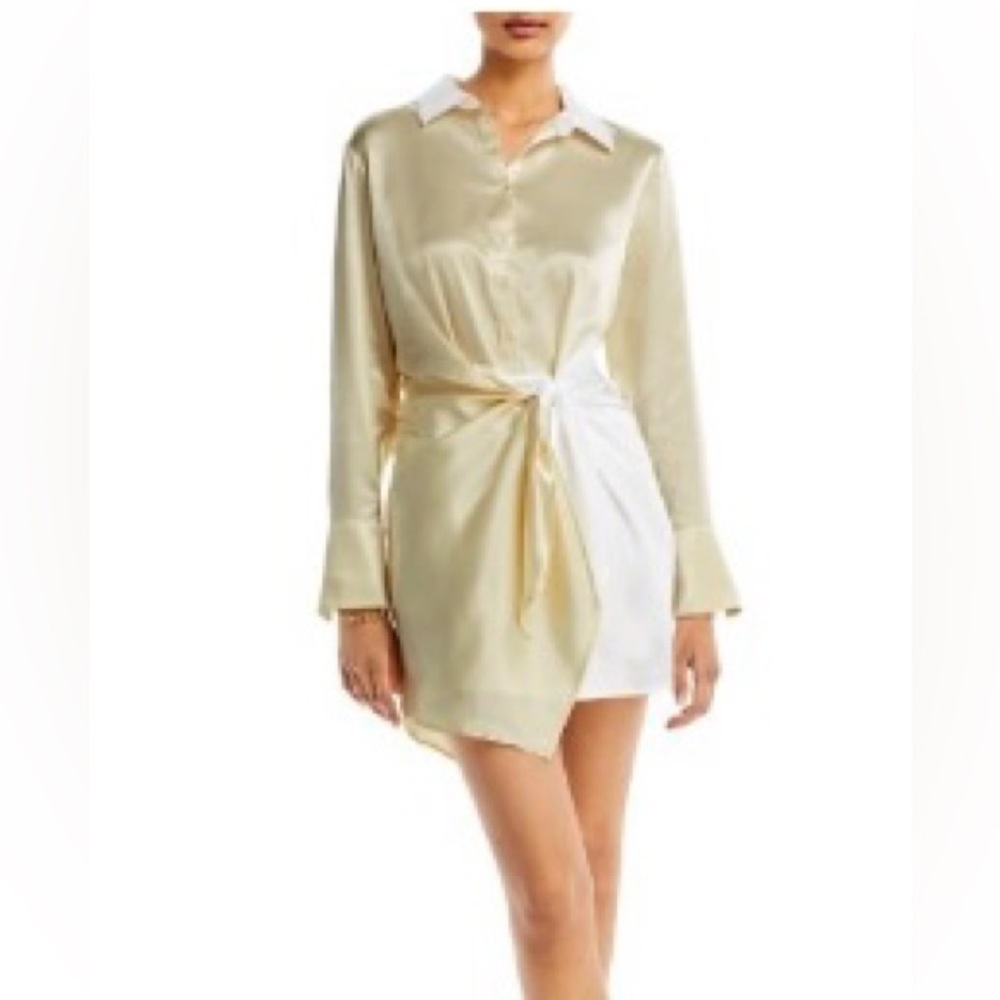 Aqua Tie Front Shirt Dress - White/Champagne - Size M